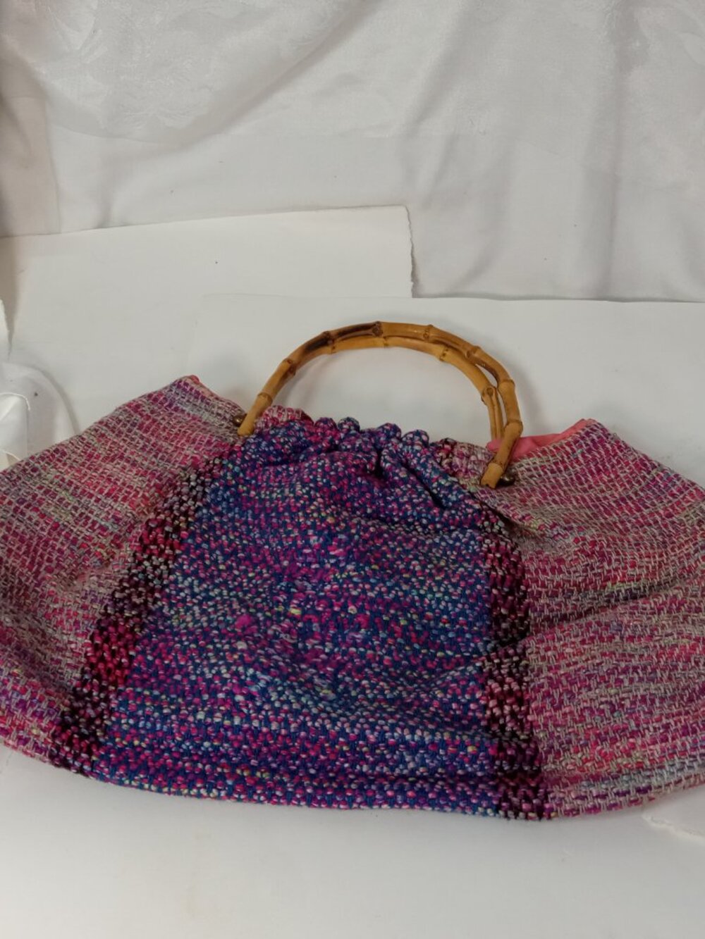 Vintage Hand Woven Fabric Textile Handbag Purse Pink Blue Bamboo Handles - Picture 6 of 15